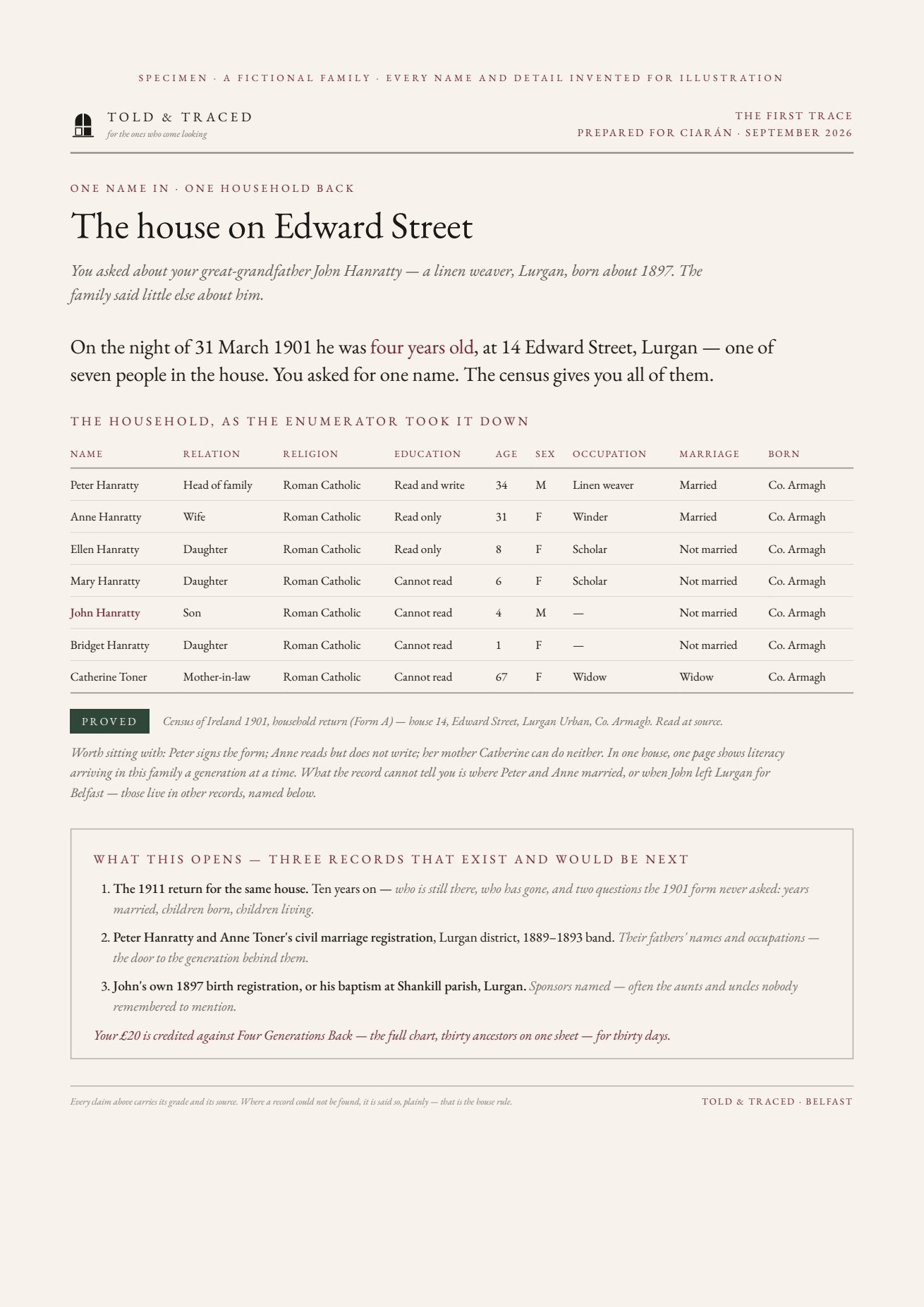 A specimen First Trace page